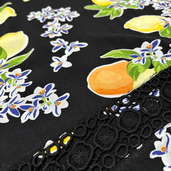 Crown‎ & Ivy XL Black Citrus Lemons Oranges Boho Dress Pom Trim Crochet Rayon - Picture 6 of 15